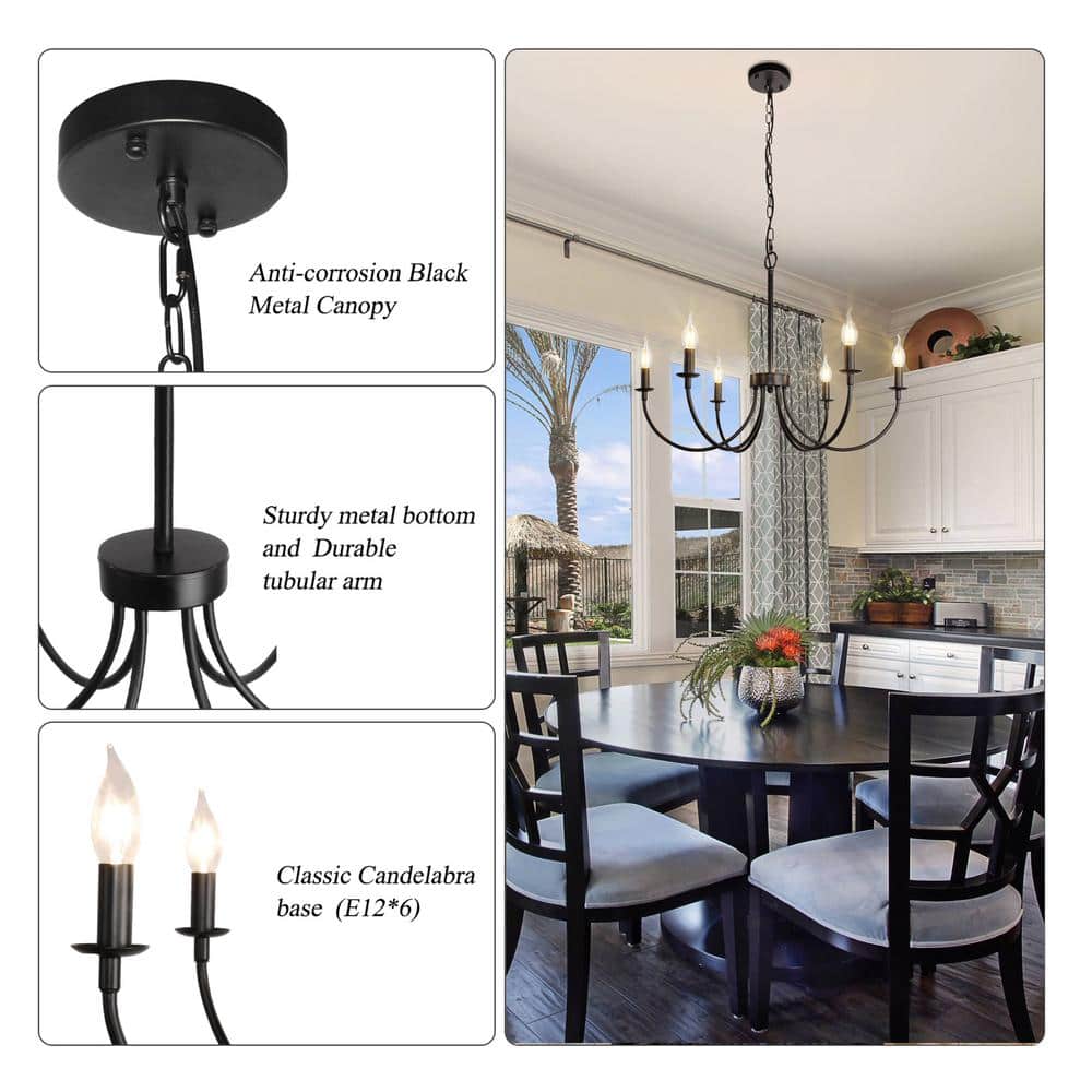 Black Metal 6-Light Candle Style Chandelier with Adjustable Chain
