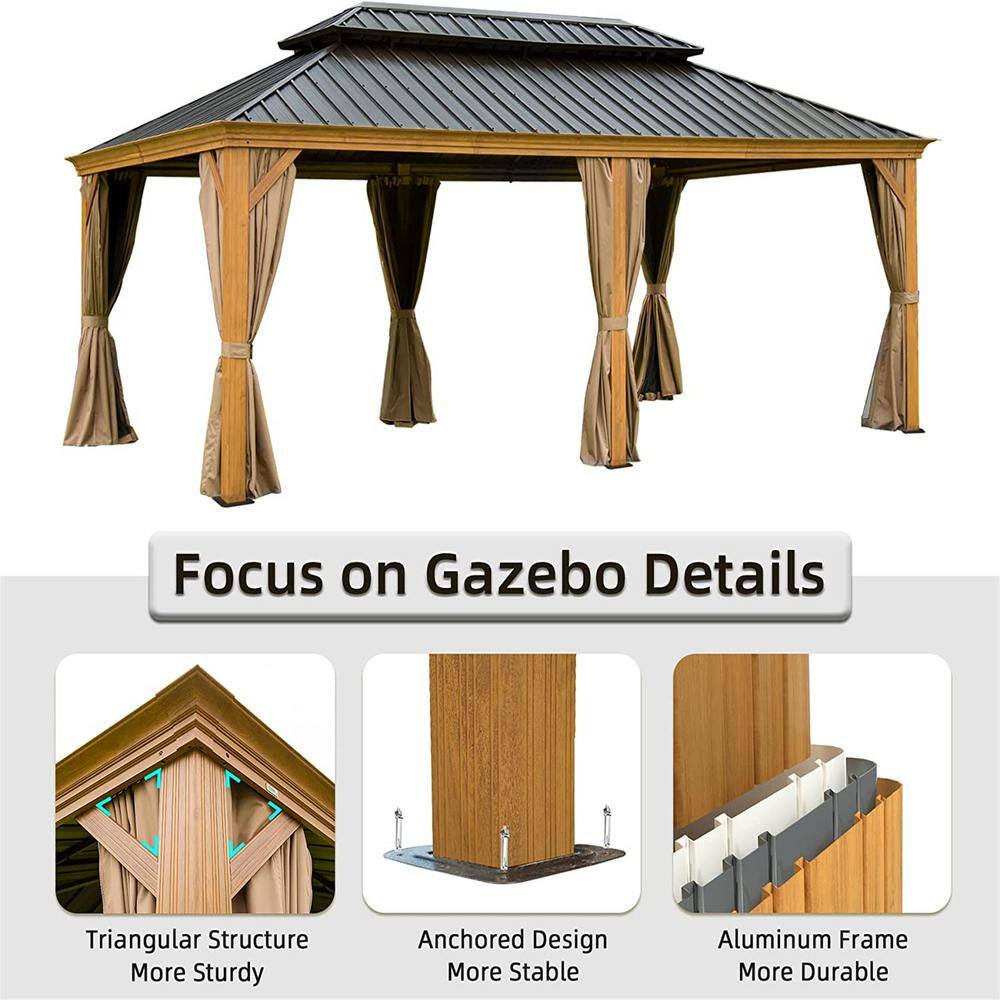 Mondawe 12'x20' Brown Aluminum Hardtop Patio Gazebo with Curtains