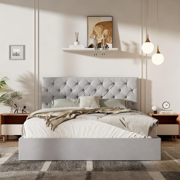 Ahokua Greige Grey Frame Queen Size Upholstered Platform Bed with Lift-up Storage Supported by Metal and Wooden Slats