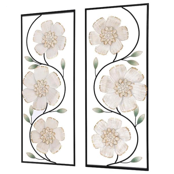 Off White and Gold Magnolia Flowers Black Metal Work Rectangular Wall Decor  (Set of 2)
