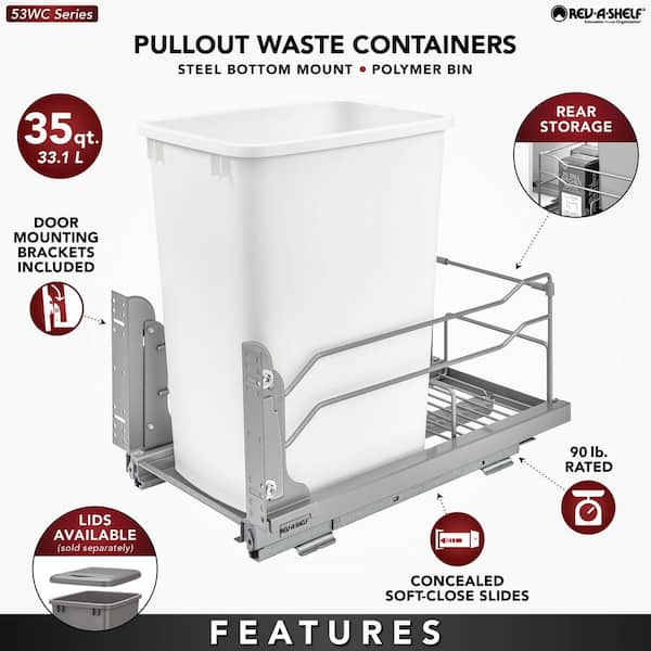 Rev-A-Shelf Double Pull-Out Trash Can for Under Kitchen Cabinets 35 Quart  8.75 Gallon with Soft-Close Slides, White, 53WC-1835SCDM-211