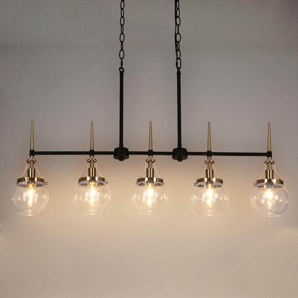 Black and Brass 5-Light Linear Chandelier with Glass Shades