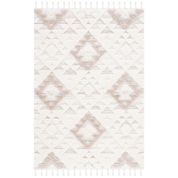 Moroccan Tassel Shag Ivory/Beige 3 ft. x 5 ft. High-Low Geometric Fringe Area Rug
