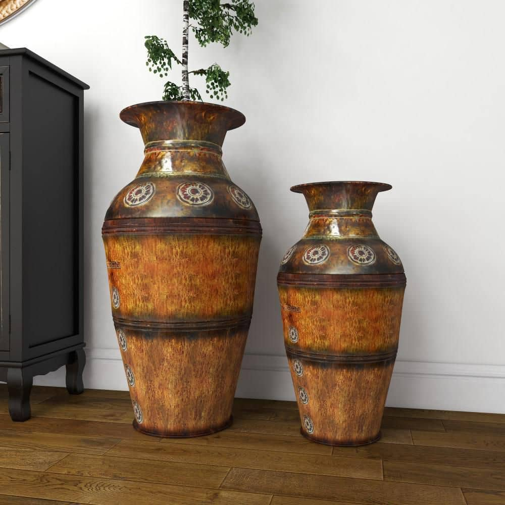 Large Rustic Old World Set/3 Distressed Patina Brown Urn Floor Vases  Medieval