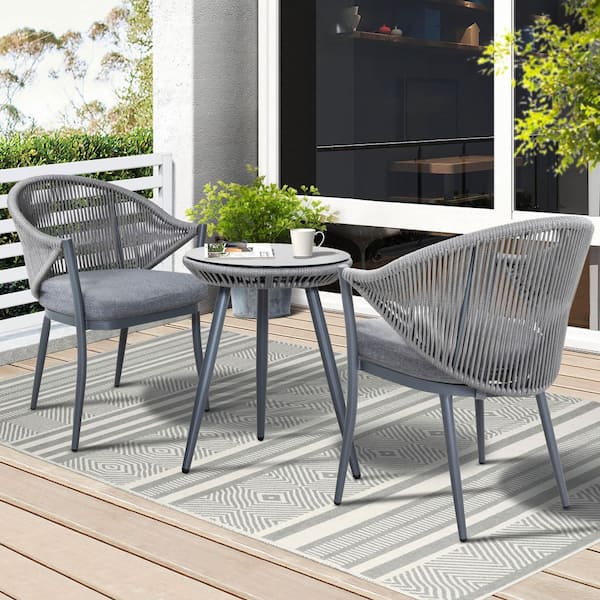 3-Piece Aluminum Outdoor Bistro Set with Grey Cushion