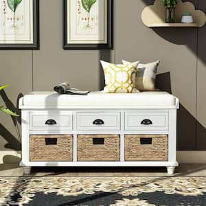 42.1 in. L x 15.4 in. W x 18.7 in. H Rustic White Storage Bench with 3-Drawers and 3-Rattan Baskets