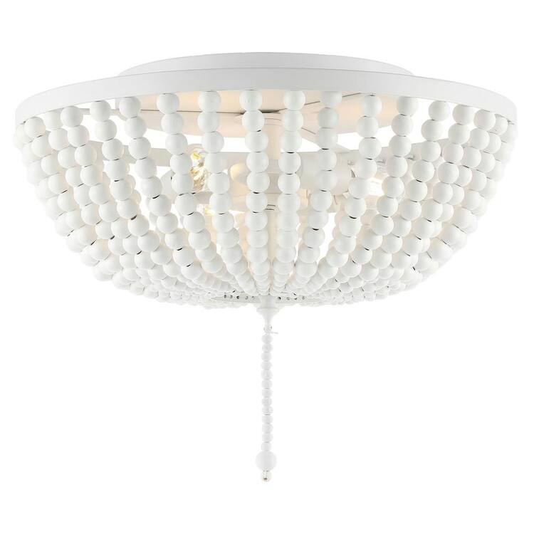 Allison 15" 3-Light Shabby Chic Farmhouse Wood Beaded/Metal LED Flush Mount, White