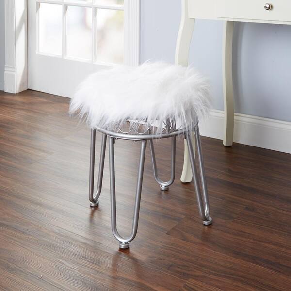Silver Scrolled Vanity Makeup Bathroom Seat Stool White Faux Fur Home Decor 