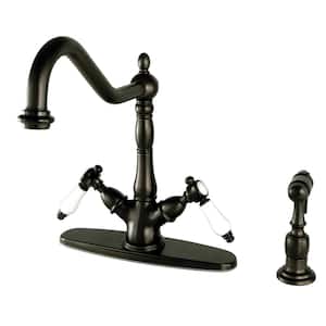 Victorian French Porcelain 2-Handle Standard Kitchen Faucet with Side Sprayer in Oil Rubbed Bronze