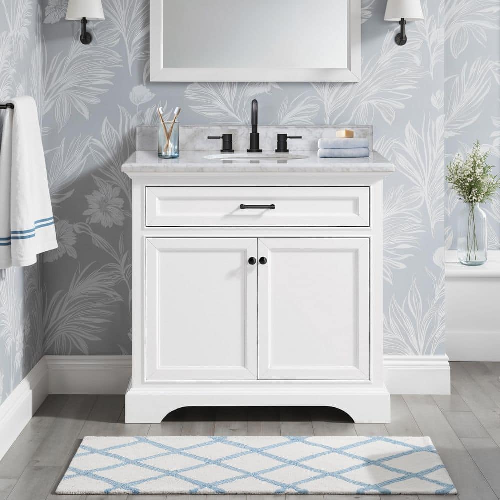 Windlowe 37 in. Single Sink White Bath Vanity with White Carrara Marble Top and Additional Black hardware price history on PriceWatchPro