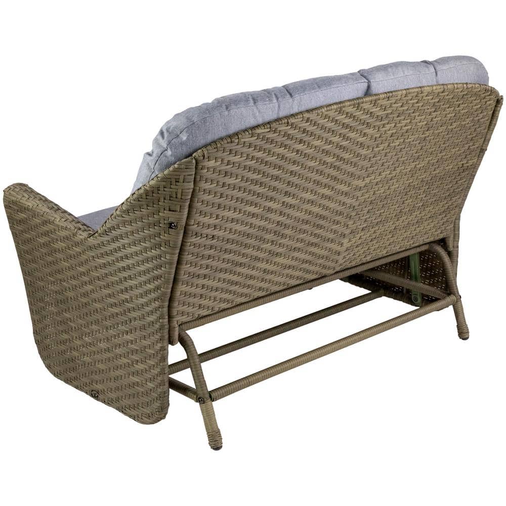 46" Taupe Gray Resin Wicker Double Glider with Gray Cushions