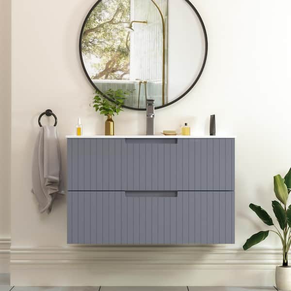 FUNKOL 18.25 in. W x 29.75 in. D x 19.25 in. H-1 Sink Wall Mounted Bath Vanity in Gray with White Ceramic Top and 2-Drawers