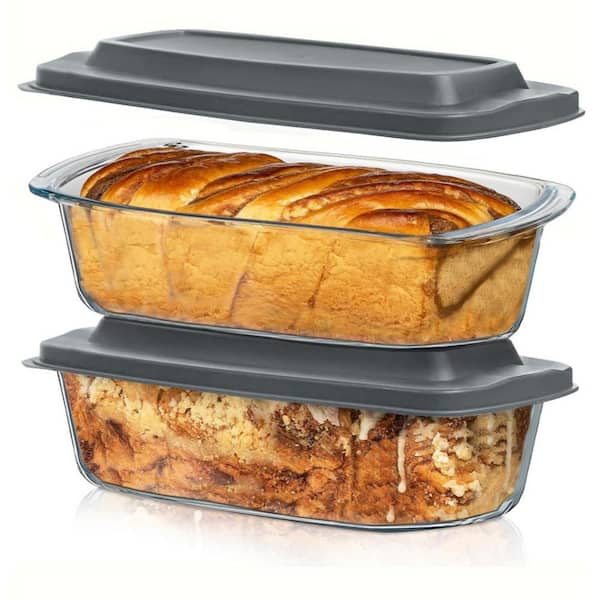 1.9 qt. Glass Loaf and Meatloaf Pan with Lids, Grip Handle and Oven Safe for Kitchen, Baking Bread and Cakes (2-Pack)