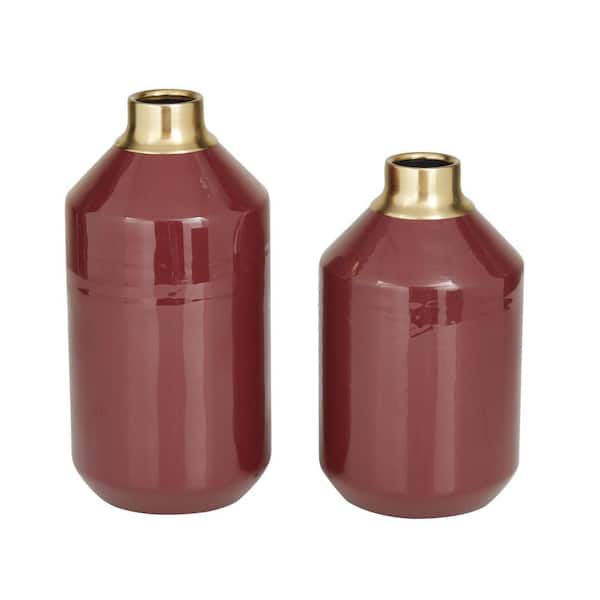 Litton Lane 10 in., 8 in. Red Metal Decorative Vase with Gold Rims (Set of 2)