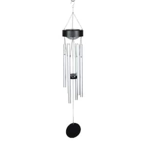 Silver Tubes with Black Detailed Top and Round Dangling Charm, 5 x 5x 33.5 in. Solar Metal Wind Chimes