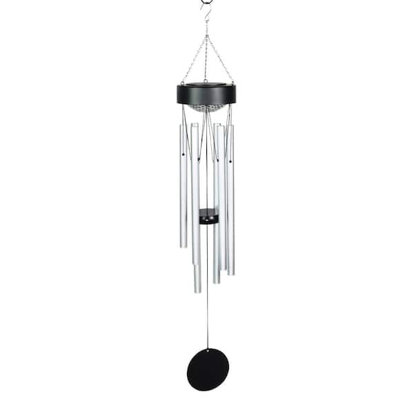 Exhart Silver Tubes with Black Detailed Top and Round Dangling Charm, 5 x 5x 33.5 in. Solar Metal Wind Chimes