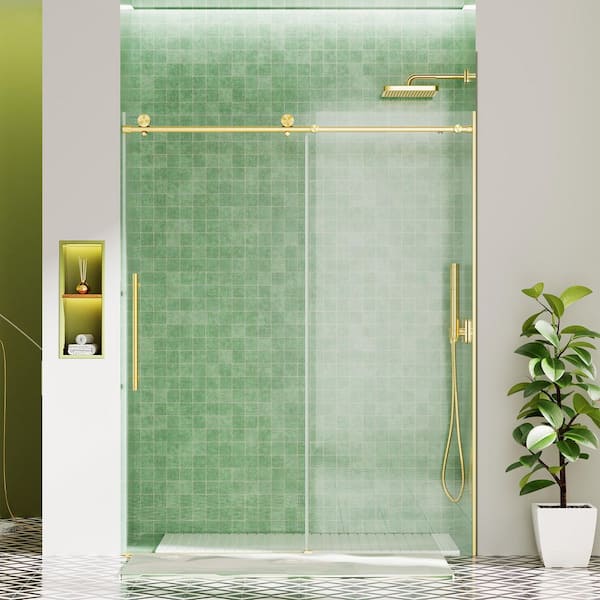 56 in.-60 in. W x 76 in. H Single Sliding Frameless Shower Door in Brushed Gold with 10mm Tempered Glass, Soft-Close