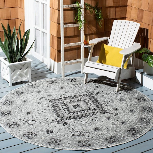 Courtyard Light Gray/Charcoal 7 ft. x 7 ft. Border Aztec Medallion Indoor/Outdoor Patio  Round Area Rug