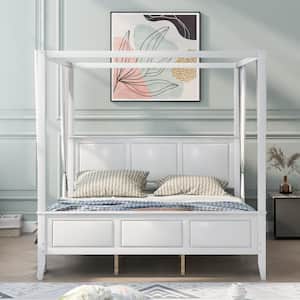 Wood White King Size Canopy Platform Bed with Headboard