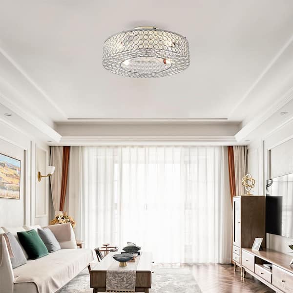 19.6 in. White Crystal Caged DC Motor Reversible Flush Mount Ceiling Fan with Remote, 6-Wind Speeds