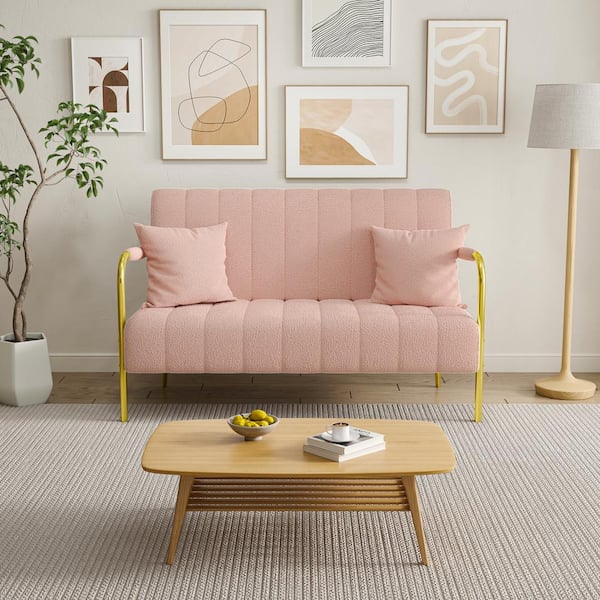 58.7 in Wide Round Arm Teddy Fabric Rectangle Modern Sofa in Pink