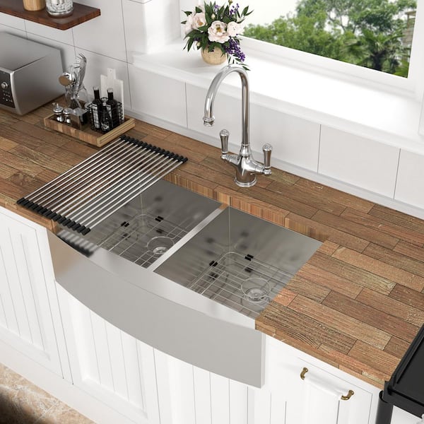 Lindra 36 in. L x 20 in. W Farmhouse/Apron-Front Double Bowl(50/50) 16-Gauge Stainless Steel Kitchen Sink with Strainer