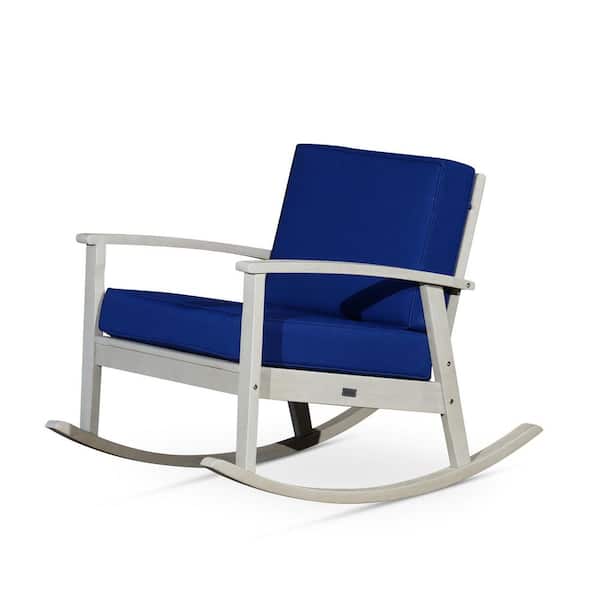 Driftwood Gray Wood Outdoor Rocking Chair with Navy Blue Cushion Durable Construction
