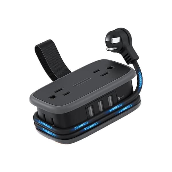phyfalip 4-Outlet Portable Travel Power Strip with USB Ports and 4 ft. Wrapped Flat Plug Extension Cord in Black