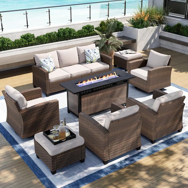 PHI VILLA Brown Rattan 9-Seat 8-Piece Steel Outdoor Fire Pit Patio Set with Beige Cushions,Swivel Chair,Rectangular Fire Pit Table