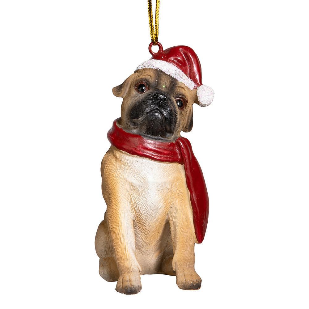 Festive Pug Dog Ornament with Santa Hat and Scarf