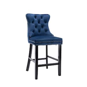 Blue Velvet Upholstered Contemporary Barstools with Button Tufted Decoration and Wooden Legs Parsons Chair (Set of 2)