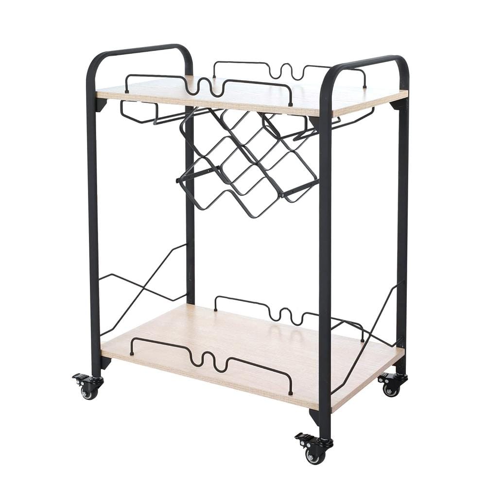 Flynama Brown and Black Kitchen Cart on Wheels with Wine Racks and