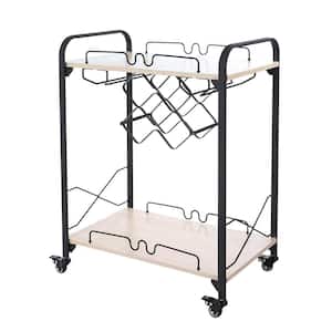 Brown and Black Kitchen Cart on Wheels with Wine Racks and Glasses Holders