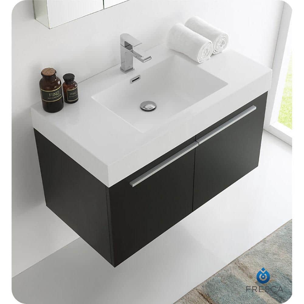 Sleek Black 35" Modern Wall-Mounted Vanity with Integrated Sink