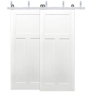 72 in. x 80 in. Bypass 3-Panel Solid Core Primed Pine Wood Sliding Barn Door with Satin Nickel Hardware Kit