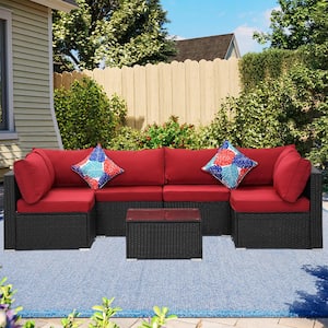 Black Wicker 7-Piece Rattan Sectional Garden Furniture Arms Sofa with Coffee Table and Red Cushions Set for Patio Yard