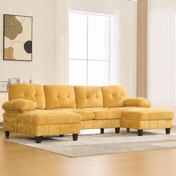 Perrin Modern 103.5 in. Pillow Top Arms Tufted Chenille U-shaped Sectional Sofa in. Yellow with Side Storage Pockets
