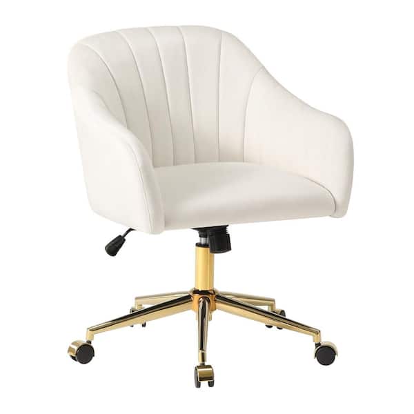 Farrah Velvet Upholstered Adjustable Height 360 Swivel Office Task Chair with Metallic Gold Base in Ivory
