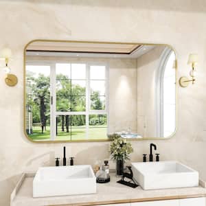 30 in. W x 47 in. H Rectangular Modern Aluminum Alloy Framed Rounded Gold Wall Mirror