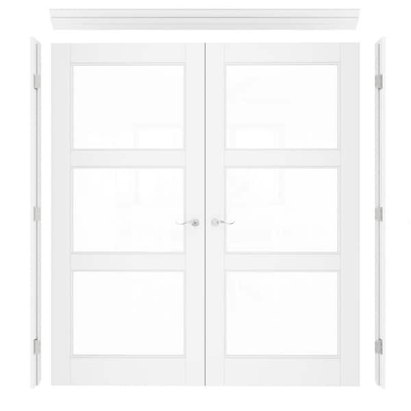 72 in. x 80 in. 3-Lite Clear Glass Universal White Solid Core Glass Double Prehung French Door + Quick Assemble Jamb