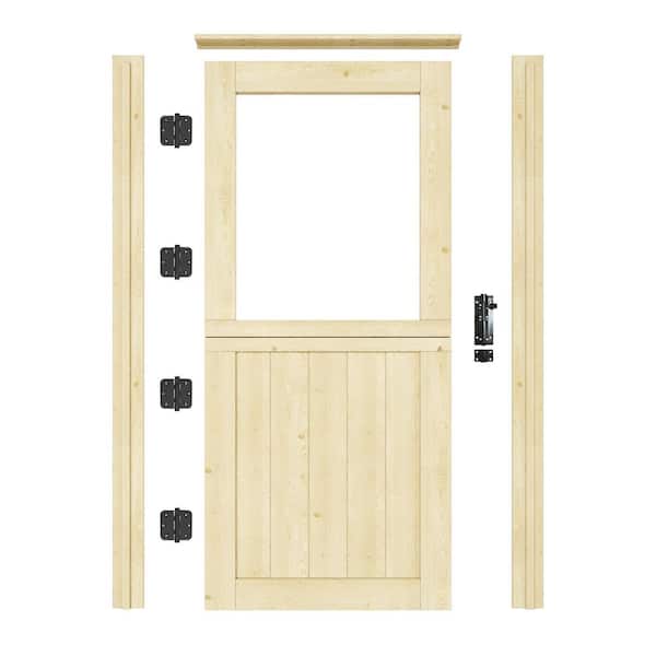36 in. x 80 in. Solid Pine Universal 1-Lite Clear Glass Unfinished Dutch Wood Prehung Front Door +Quick Assemble Jamb