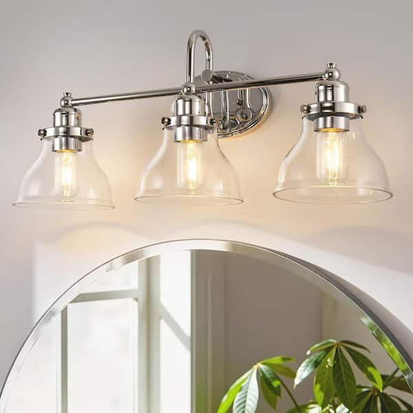24 in. 3-Light Chrome Bathroom Vanity Light with Clear Glass, Modern Bath Wall Mount Fixture