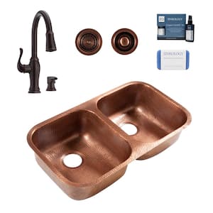 Orwell 32 in. Undermount Double Bowl 16 Gauge Antique Copper Kitchen Sink with Maren Bronze Faucet Kit