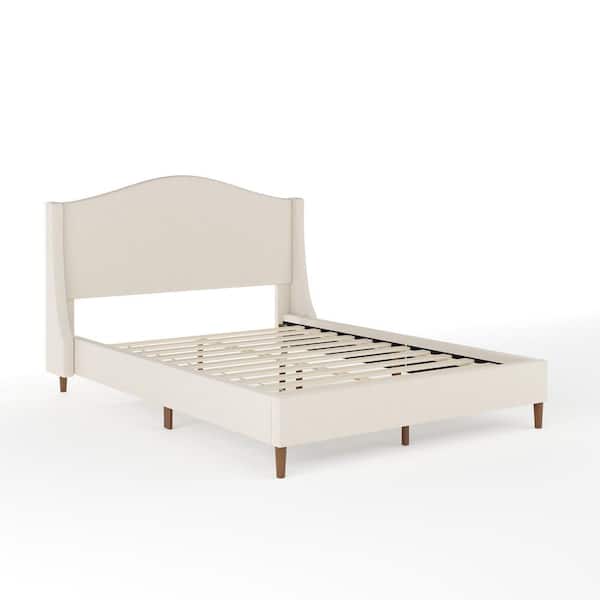 MARTHA STEWART Amelia Beige Wood Frame Full Platform Bed with Upholstered Solid Wood