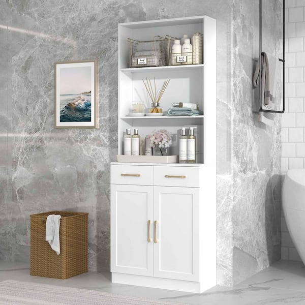 White 70 in. H Accent Cabinet, Bathroom Storage Cabinet with 2-Doors and Drawers, Adjustable Shelf, 3-layer Open Shelf