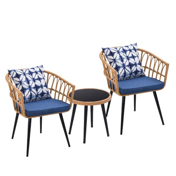 Miscool Anky 3-Piece Patio Wicker Round 16 in. H Coffee Table Outdoor Bistro Conversation Set Rattan Chair with Blue Cushions