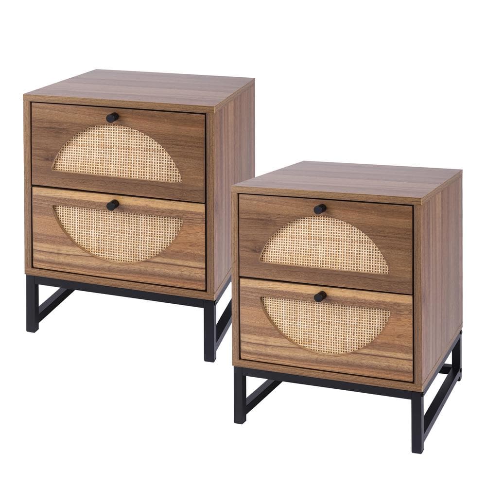 Mid Century Rattan 2Drawer Brown Nightstand (Set of 2) Accent Bedside