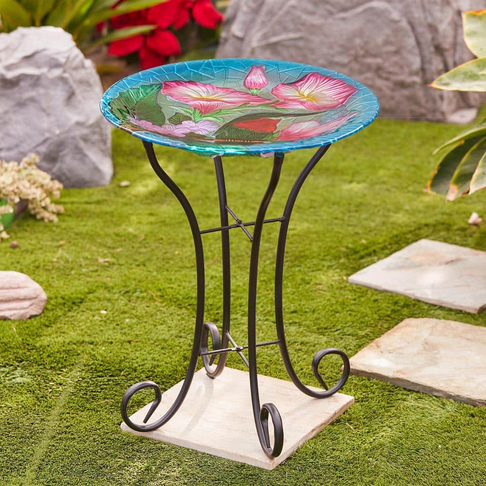 Hummingbird Floral Glass Birdbath with Metal Stand