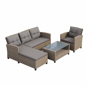 Gray 4-Piece Wicker Patio Conversation Set with Beige Brown Cushions