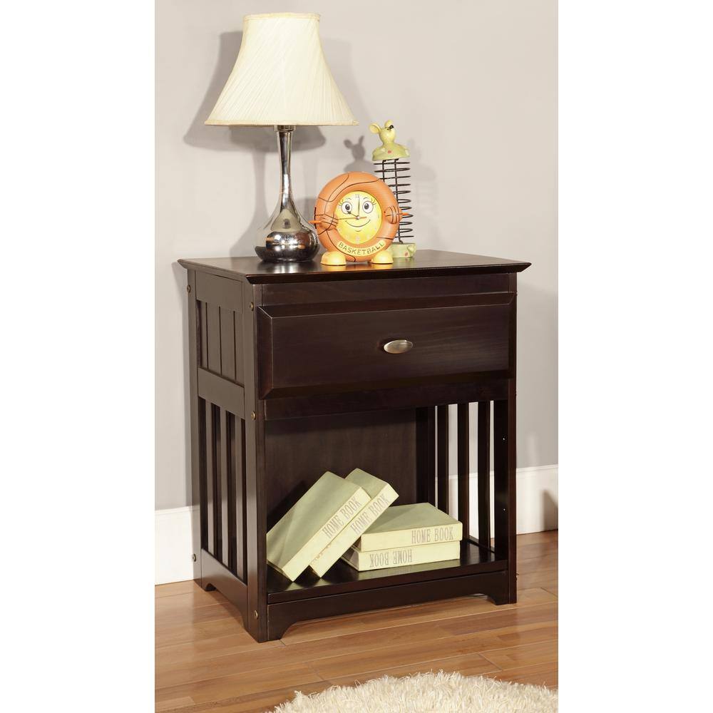 Solid Pine Espresso Nightstand with Framed Detail and Silver Pull